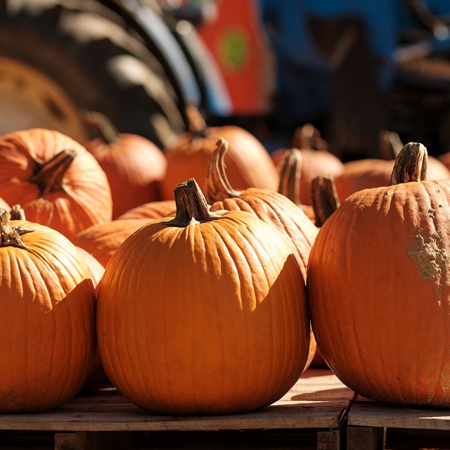 Pumpkins on wood pallets in front of tractors