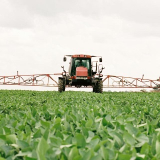 Tractor spraying soybeans.
