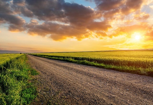 Sunset over gravel road.