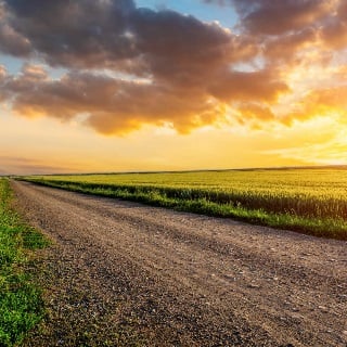 Sunset over gravel road.