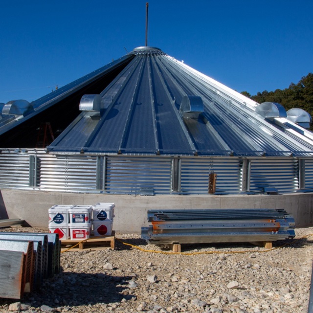 Grain bin in the process of being built.