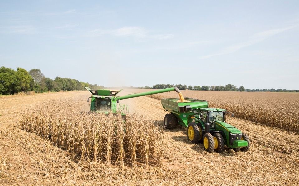 Combine harvesting Tennessee corn in a field financed by Farm Credit MId-America