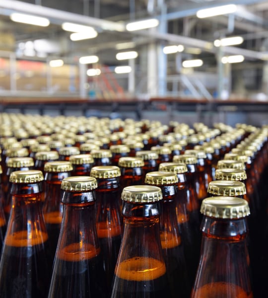 Glass bottles on a beverage production line.