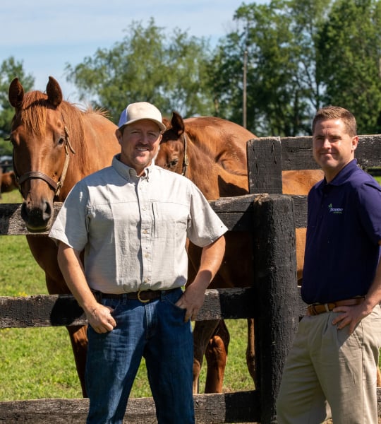 Two men stand in front of chestnut mare and foal.
