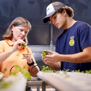 Teacher and student look at plant.